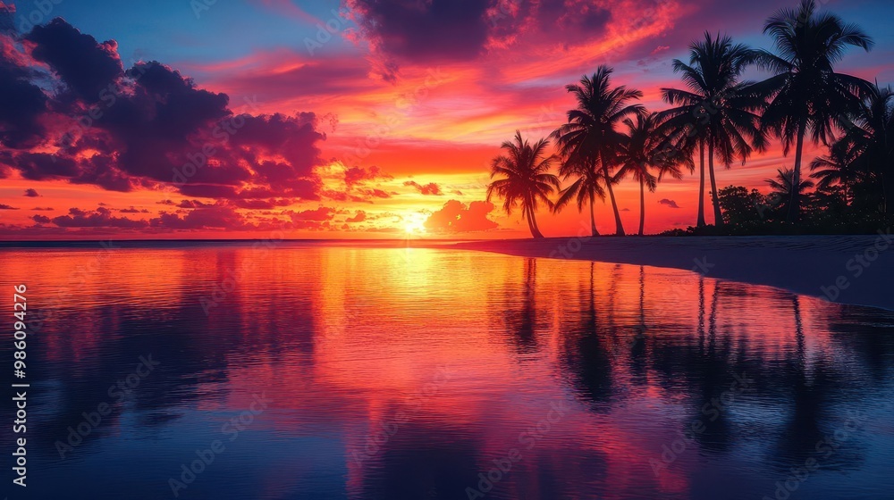 Φωτογραφία silhouettes of graceful palm trees against vibrant orange and pink sunset sky re
