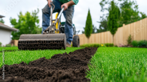 Man aerating soil on a residential lawn with specialized equipment, [lawn aeration], [lawn maintenance for better growth] 