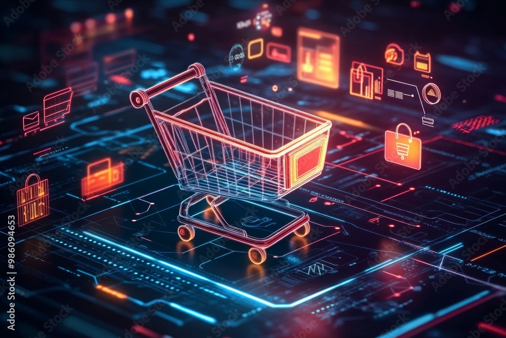 glowing digital shopping cart as the central element, surrounded by abstract, floating product icons glowing digital shopping cart as the central element, surrounded by abstract, floating product icons