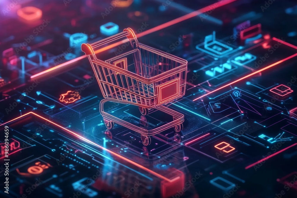 glowing digital shopping cart as the central element, surrounded by abstract, floating product icons glowing digital shopping cart as the central element, surrounded by abstract, floating product icons