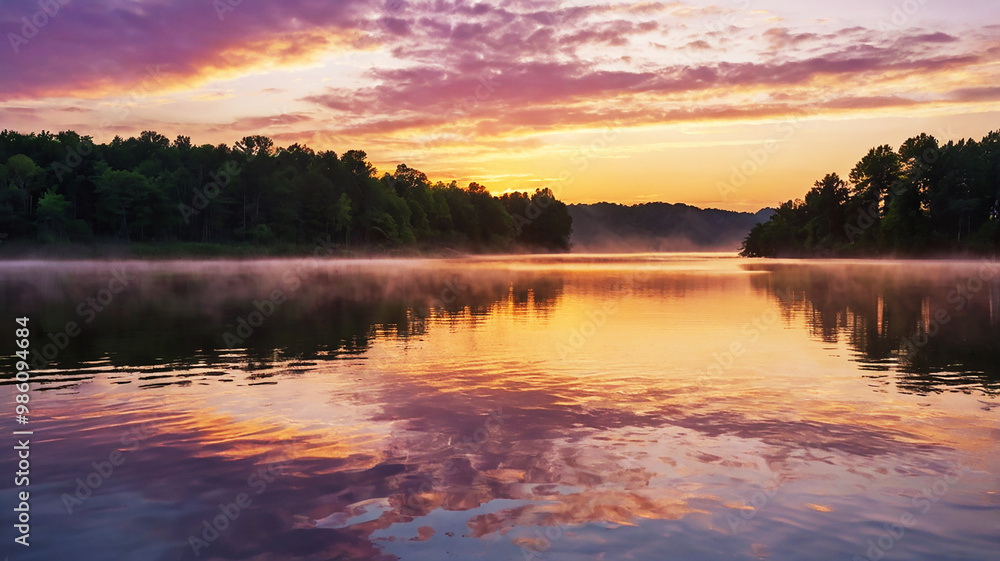 Fototapeta premium Dawn over a serene lake; golden light illuminates the sky in pink and lavender hues with wispy clouds.