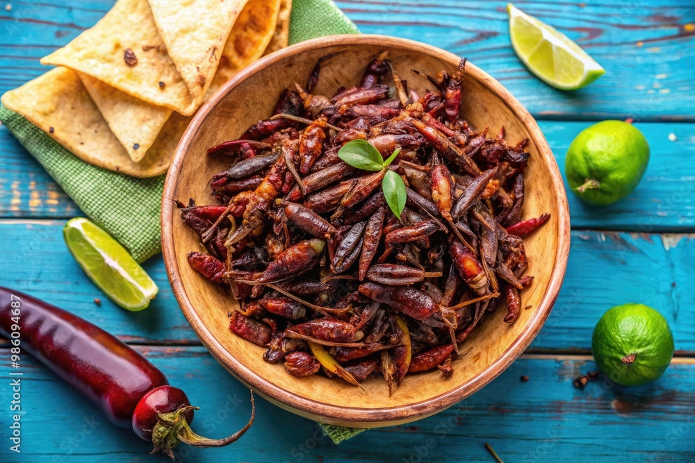 Freshly toasted chapulines, a nostalgic Mexican treat, rest elegantly on a majestic blue surface, awaiting eager taste buds to savor their delicate flavors. Freshly toasted chapulines, a nostalgic Mexican treat, rest elegantly on a majestic blue surface, awaiting eager taste buds to savor their delicate flavors.