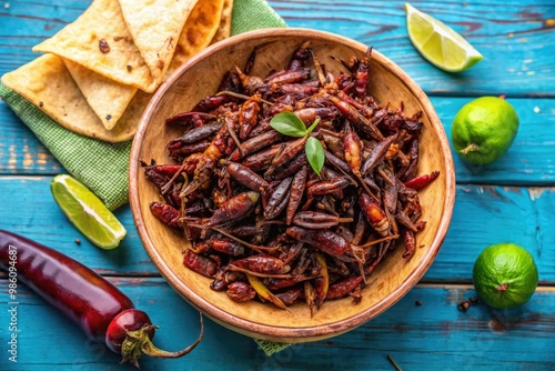 Freshly toasted chapulines, a nostalgic Mexican treat, rest elegantly on a majestic blue surface, awaiting eager taste buds to savor their delicate flavors. photo