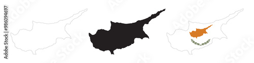 Cyprus map in various style outline, icon, black color, border, flag colors. Europe country icons collection. Vector illustration