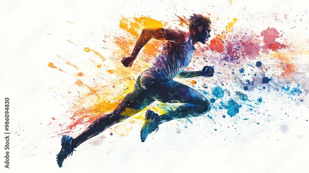 Abstract watercolor illustration of a running man with colorful splashes. Abstract watercolor illustration of a running man with colorful splashes.