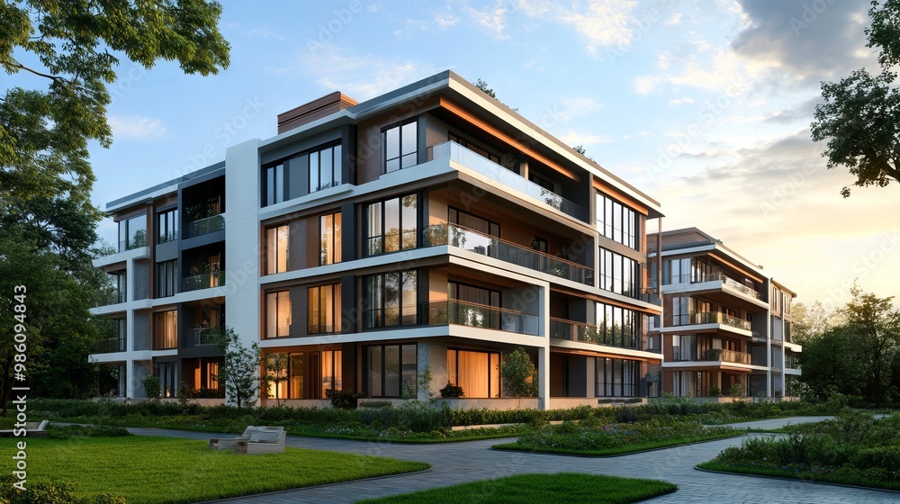 Contemporary Apartment Building with Expansive Windows. AI generated illustration Contemporary Apartment Building with Expansive Windows. AI generated illustration