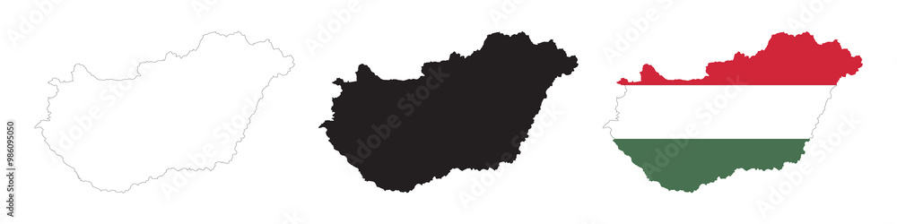 Hungary map in various style outline, icon, black color, border, flag colors. Europe country icons collection. Vector illustration Hungary map in various style outline, icon, black color, border, flag colors. Europe country icons collection. Vector illustration