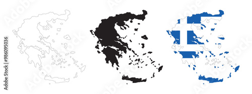 Greece map in various style outline, icon, black color, border, flag colors. Europe country icons collection. Vector illustration