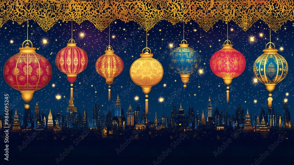 Festive night scene with starry sky, golden lanterns, and intricate decorative patterns Festive night scene with starry sky, golden lanterns, and intricate decorative patterns
