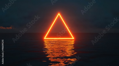 A glowing orange triangle floating in the dark sea, a minimalist composition of simple shapes.