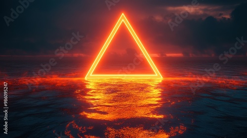 A glowing orange triangle floating in the dark sea, a minimalist composition of simple shapes.