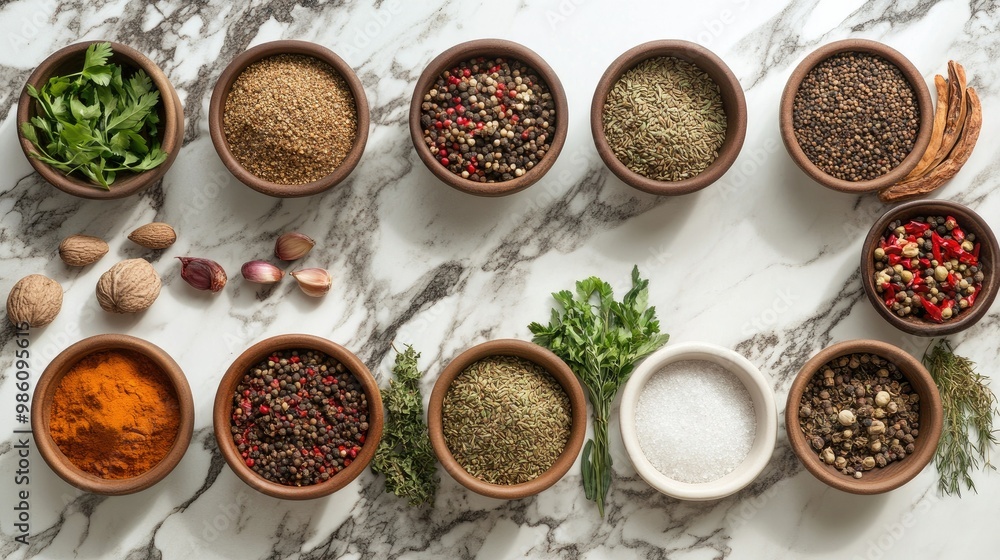 A birds eye view of a gourmet spice collection displayed on a marble countertop, showcasing exotic spices and herbs. A birds eye view of a gourmet spice collection displayed on a marble countertop, showcasing exotic spices and herbs.