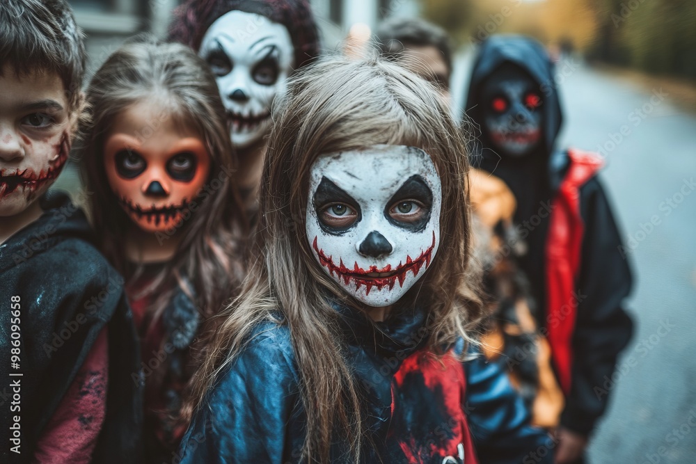 Young Children in Creepy Halloween Costumes Posing for the Camera. AI generated illustration Young Children in Creepy Halloween Costumes Posing for the Camera. AI generated illustration