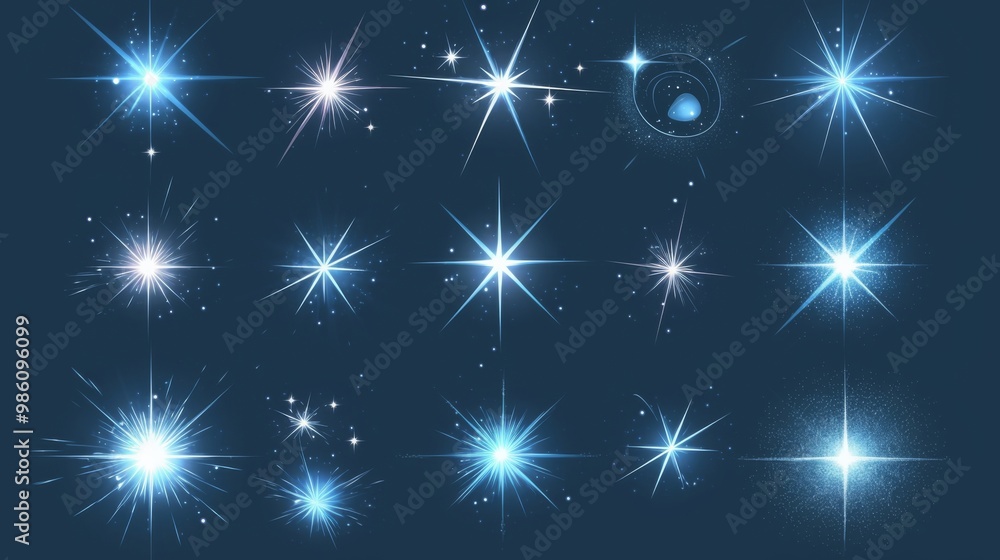 Set of White and Blue Glowing Light Effects Isolated on Transparent Background, Featuring Sun Flash with Rays and Star Burst with Sparkles Set of White and Blue Glowing Light Effects Isolated on Transparent Background, Featuring Sun Flash with Rays and Star Burst with Sparkles