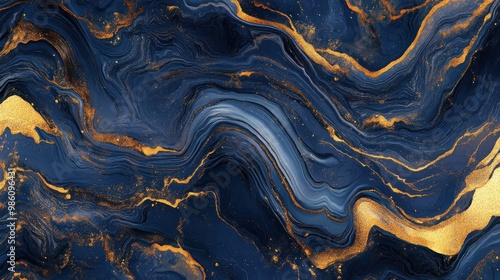 Abstract blue and gold liquid marble background with metallic glitter.