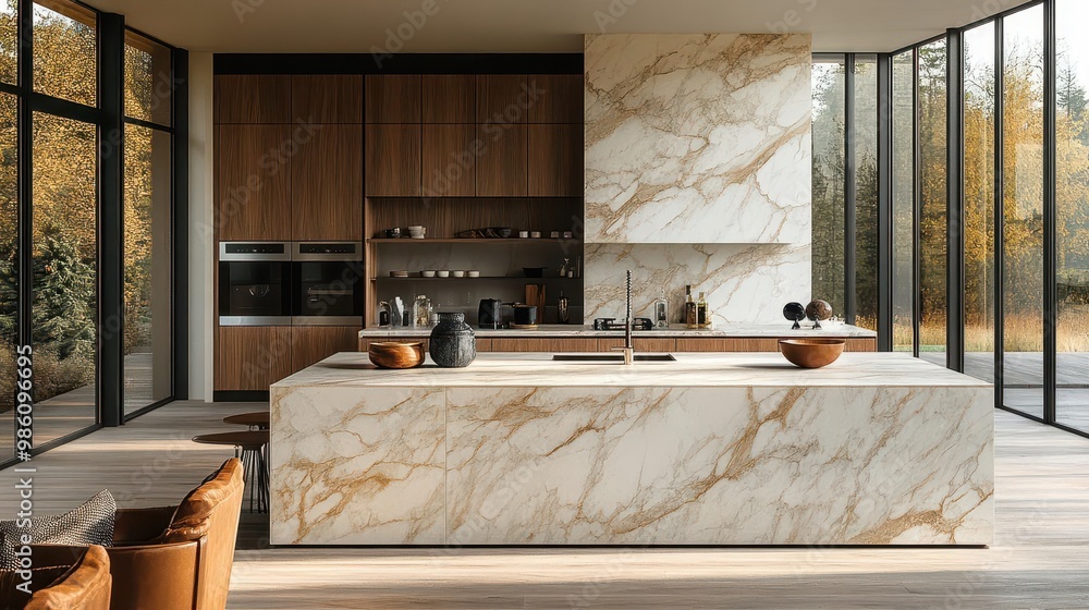 sleek marble kitchen island bathed in natural light minimalist design with subtle veining perfect for product display