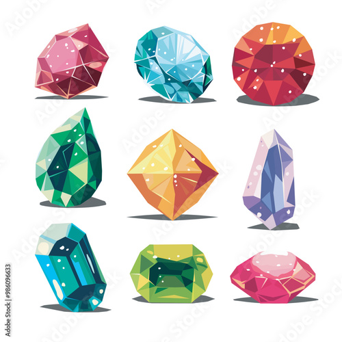 Set of precious stones of different shapes, sapphire, diamond, ruby, crystal, carat, emerald. Vector collection of expensive colorful sparkling gemstones. For website, game, icons, app