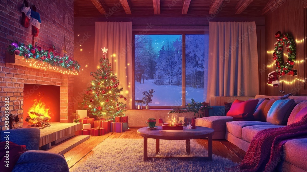 A cozy living room with a beautifully decorated Christmas tree, glowing fireplace, and snowy scenery outside, perfect for festive gatherings. A cozy living room with a beautifully decorated Christmas tree, glowing fireplace, and snowy scenery outside, perfect for festive gatherings.