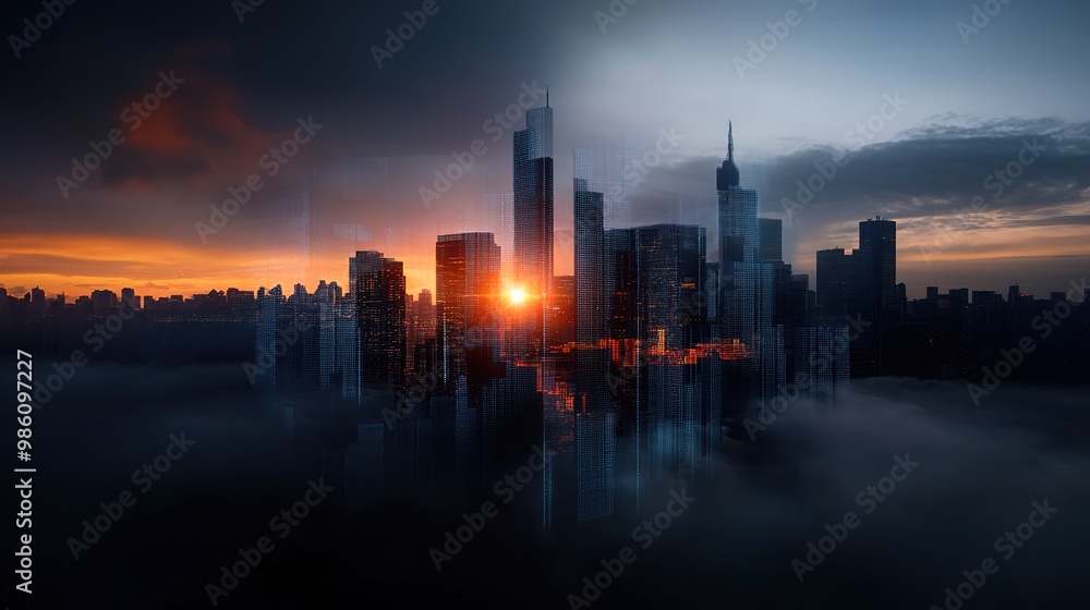 Urban Skyline at Sunset with Shimmering Reflection Urban Skyline at Sunset with Shimmering Reflection