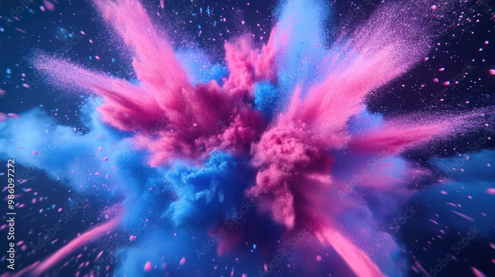Abstract blue and pink colored powder explosion on a dark blue background. Abstract blue and pink colored powder explosion on a dark blue background.