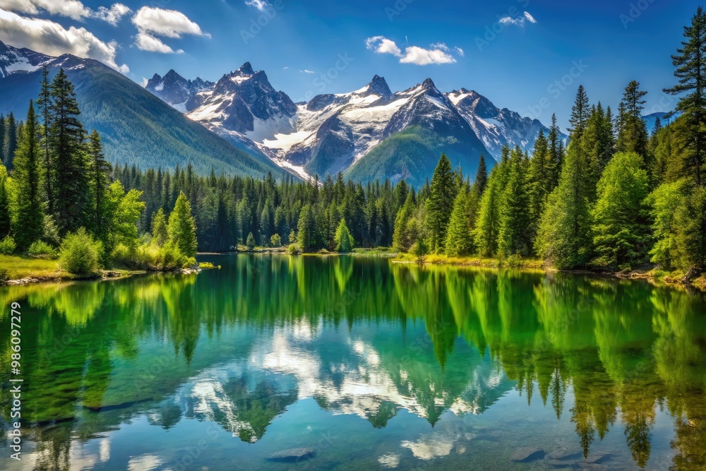In Pemberton, British Columbia, a majestic lake reflects the snow-capped peaks and lush forest, creating a breathtaking landscape of pristine natural beauty and serenity. In Pemberton, British Columbia, a majestic lake reflects the snow-capped peaks and lush forest, creating a breathtaking landscape of pristine natural beauty and serenity.