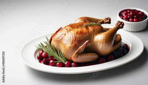 Roasted Turkey with Cranberry Sauce on White Platter