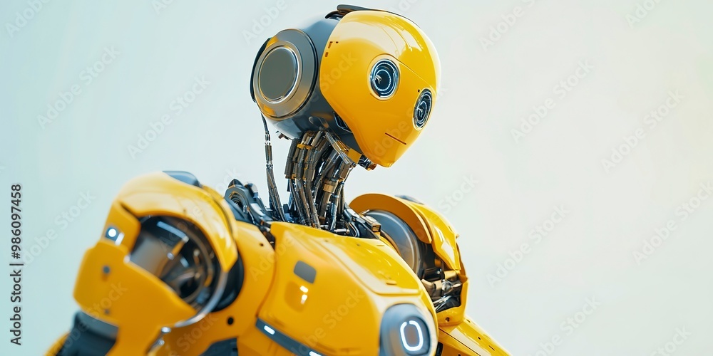 Yellow assembly robot. Futuristic high-tech innovation of technology in the product manufacturing industry. The work of machines replacing humans with AI robots.9 Yellow assembly robot. Futuristic high-tech innovation of technology in the product manufacturing industry. The work of machines replacing humans with AI robots.9