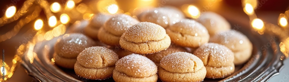 Delicious cookies arranged on a silver platter, sprinkled with powdered sugar, perfect for festive celebrations. Delicious cookies arranged on a silver platter, sprinkled with powdered sugar, perfect for festive celebrations.