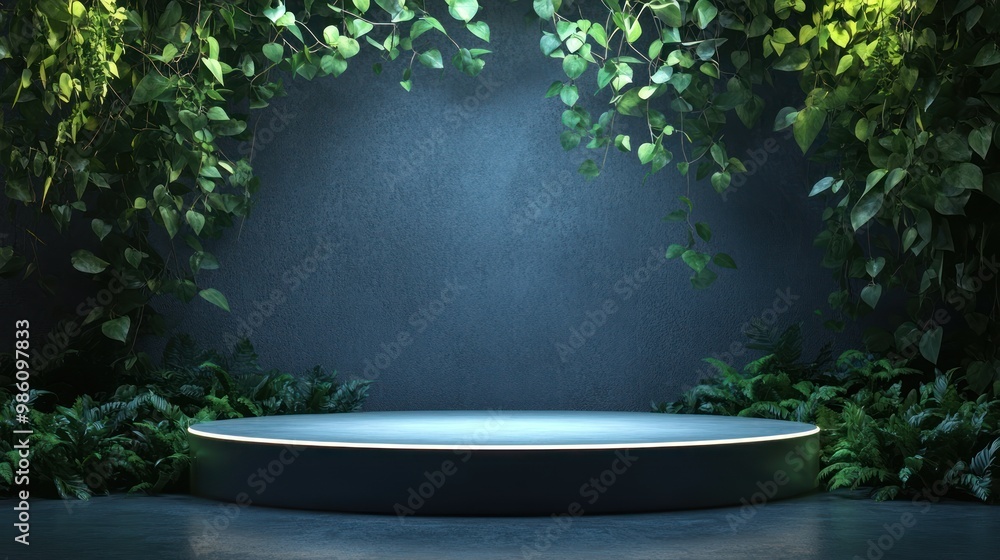 Illuminated Podium in a Lush Green Setting. Illuminated Podium in a Lush Green Setting.