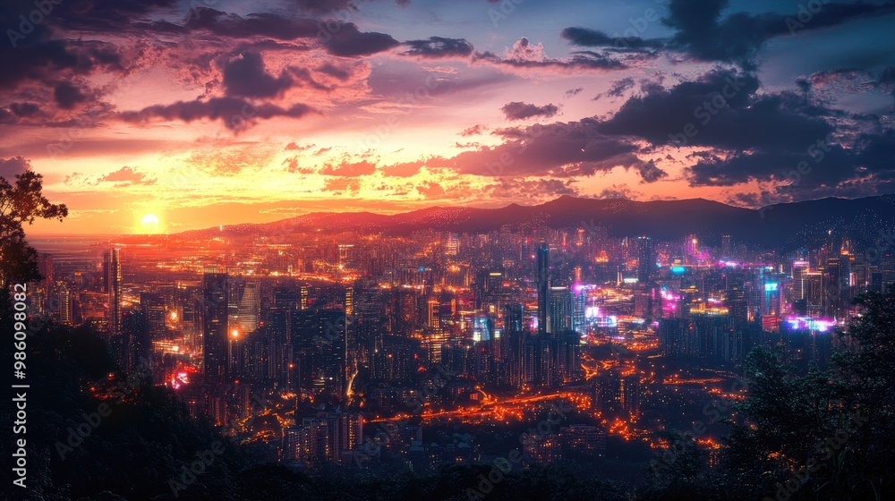 Obraz premium Beautiful luxury city at night from a hilltop, with vibrant lights and glowing buildings, digitally rendered for a dynamic, stunning effect