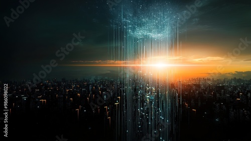 Futuristic City Skyline with Data Streams at Sunset