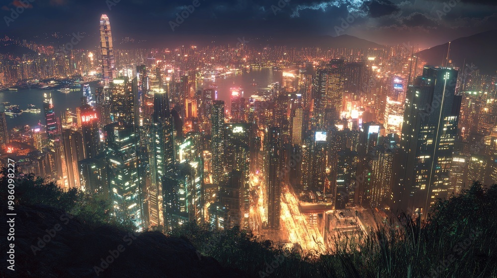 Obraz premium Computer-generated city at night from a hilltop, glowing with luxurious lights and skyscrapers, digitally rendered with vibrant details