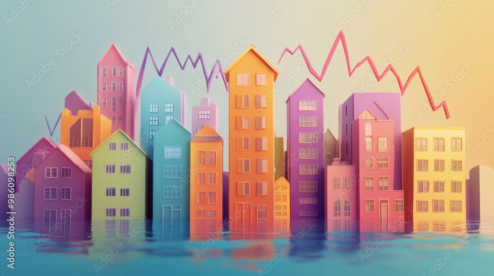 Colorful houses flooded by rising water, with an arrow shape graphic representing declining property values. Colorful houses flooded by rising water, with an arrow shape graphic representing declining property values.