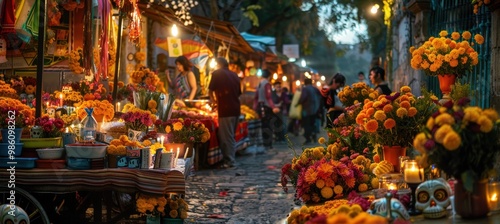 Lively Market with Marigolds and Sugar Skulls for Día de los Muertos Celebration