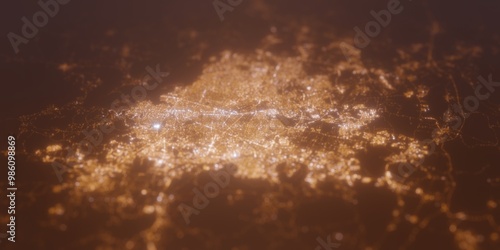 Street lights map of Guadalajara (Mexico) with tilt-shift effect, view from west. Imitation of macro shot with blurred background. 3d render, selective focus