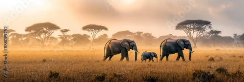 Fototapeta samoprzylepna Elephant Family Walking Through Grassy Plain. African Savanna Landscape Background.