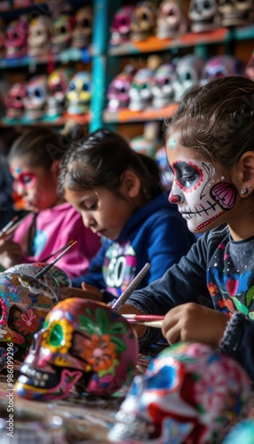 Wallpaper Mural Children Painting Colorful Sugar Skulls at Day of the Dead Arts and Crafts Workshop - Fun Educational Activity Torontodigital.ca