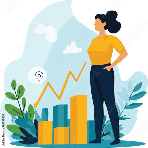 A vibrant illustration of a woman analyzing growth metrics, represents success in marketing and branding strategies.