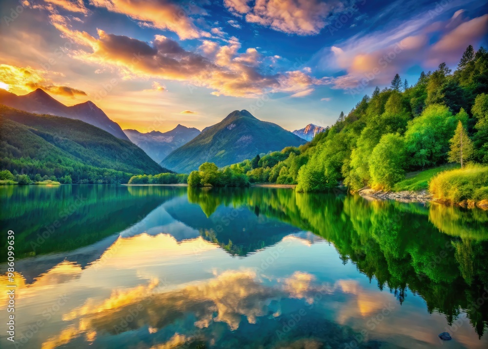 Lush green mountains tower under a clear blue sky, their reflection shimmering in a serene lake, illuminated by the warm hues of sunset. Lush green mountains tower under a clear blue sky, their reflection shimmering in a serene lake, illuminated by the warm hues of sunset.