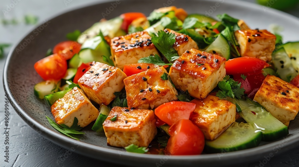 Close-up of a plate of tofu salad with cucumber, tomato and cilantro. Close-up of a plate of tofu salad with cucumber, tomato and cilantro.