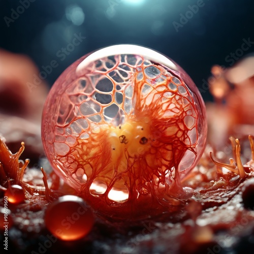 A detailed macro shot of a transparent bubble containing organic forms. The intricate structures and vibrant colors inside the bubble create a captivating and surreal visual effect. photo