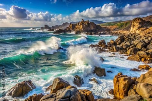 Dramatic seascape with waves crashing on rocky coastline