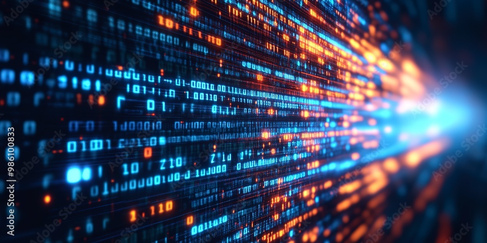 Streaming data binary data on computer screen background. Data Privacy in the Digital Age, importance of data privacy. Blurred Background Streaming data binary data on computer screen background. Data Privacy in the Digital Age, importance of data privacy. Blurred Background