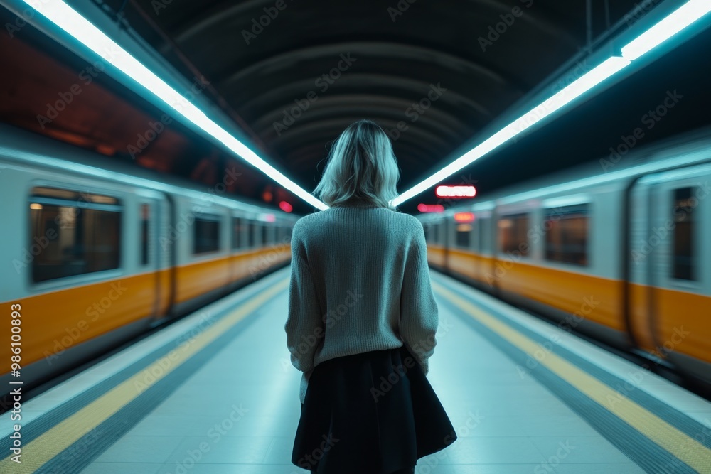 woman standing on a metro platform moving metro train on background woman standing on a metro platform moving metro train on background