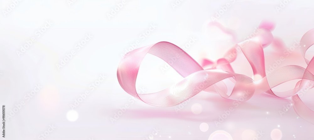 Elegant Pink Ribbon on White Background with Subtle Light Flares for Design Projects Elegant Pink Ribbon on White Background with Subtle Light Flares for Design Projects
