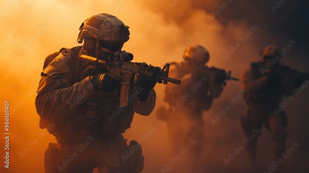A soldier in camouflage gear and a helmet holds an assault rifle in a smoky, battlefield setting. A soldier in camouflage gear and a helmet holds an assault rifle in a smoky, battlefield setting.