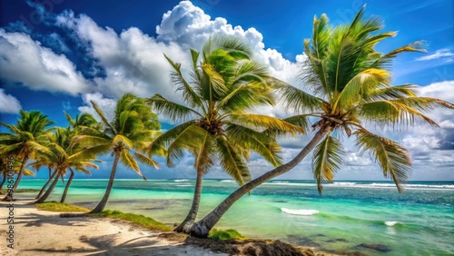 On a tropical island, palm trees dance to the rhythm of the wind, as the calm ocean waters provide a soothing backdrop for a sense of peacefulness to permeate the air. photo