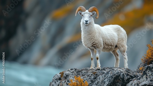 A majestic ram stands on a rocky outcrop near a river.