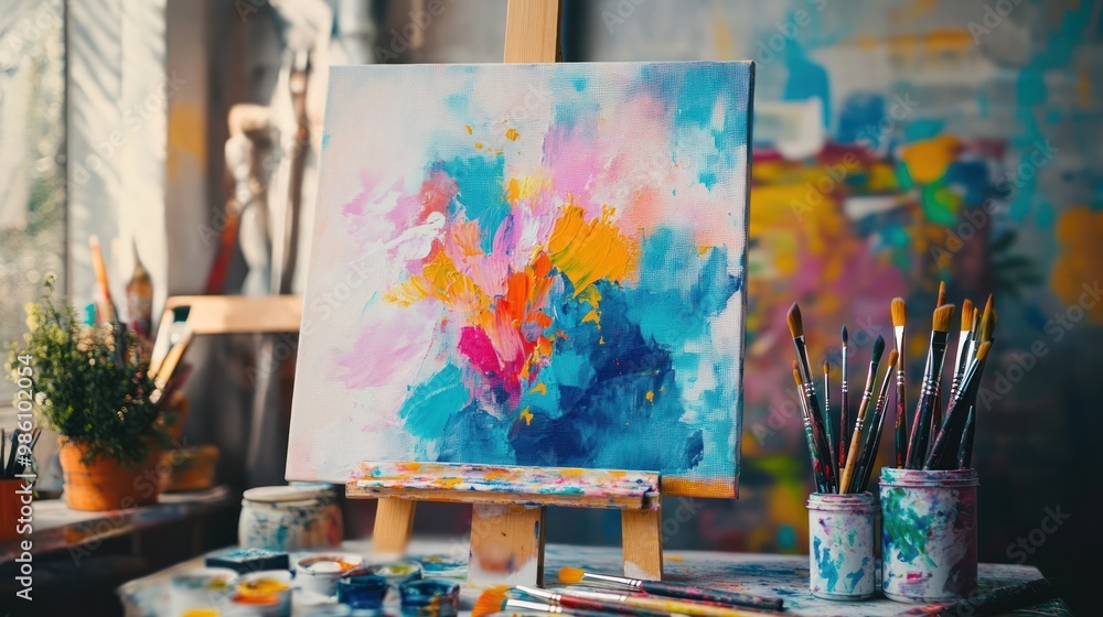 Colorful abstract painting on canvas on easel with paint brushes in jars on table. Colorful abstract painting on canvas on easel with paint brushes in jars on table.