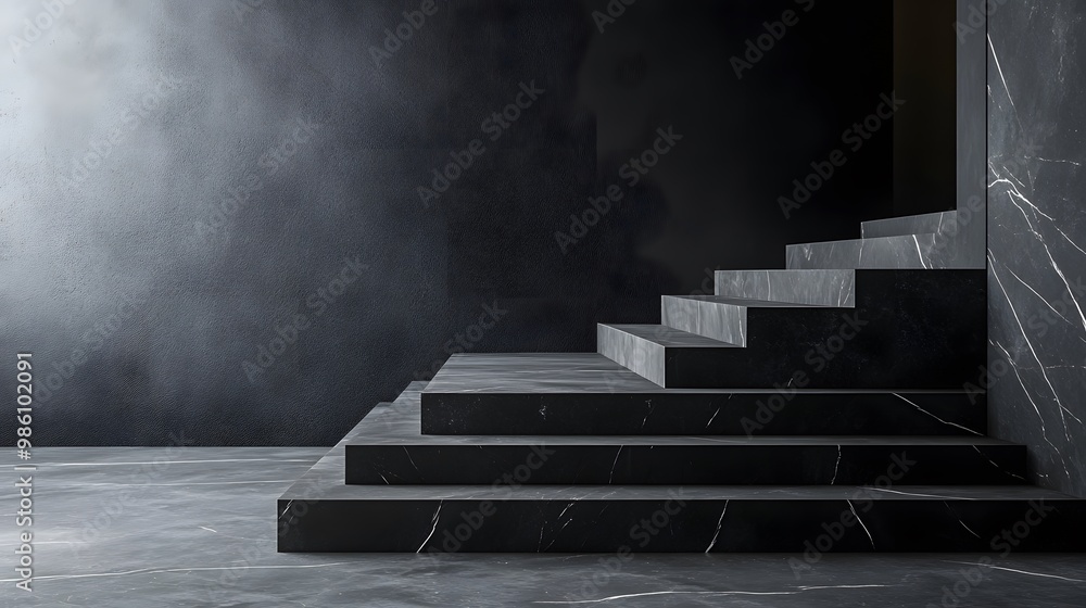 Black marble steps leading to an empty, dark room with a glass door. Minimalist interior design of a modern living space, close-up shot. Black marble steps leading to an empty, dark room with a glass door. Minimalist interior design of a modern living space, close-up shot.